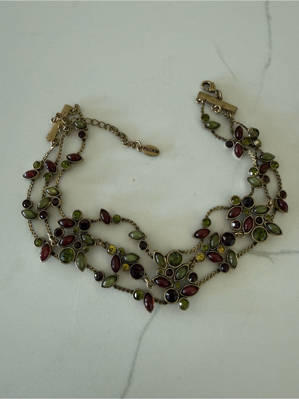 Pilgrim Gold-Tone Olive Green and Burgundy Layered Necklace